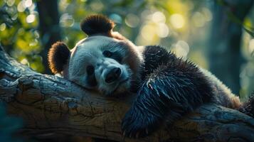 Relaxed giant panda resting on tree branch in serene forest setting photo