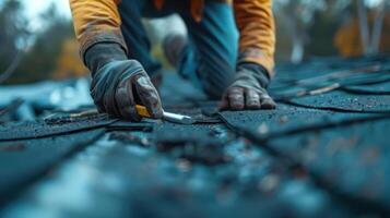 Worker repairing roof shingles with hand tool, closeup view of hands in gloves photo