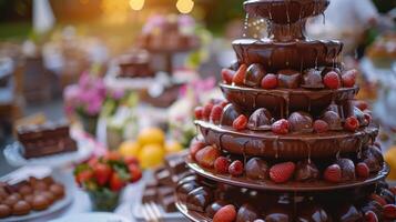 Luxurious chocolate fountain with fresh strawberries and raspberries at outdoor event photo