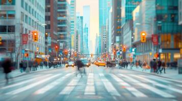 Blurred image of busy city street with people walking photo