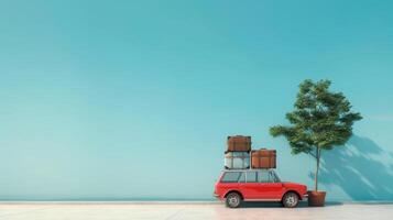 A red car with suitcases on top of it and a tree photo