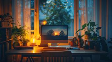 A computer screen is sitting on a desk in front of a window photo
