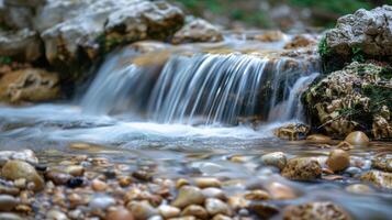 A small stream flowing over rocks in the woods photo