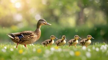A family of ducks in a field with green grass photo