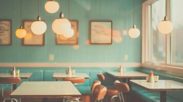 A restaurant with tables and chairs in front of a window photo