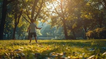 A boy is standing in the middle of a field with trees photo
