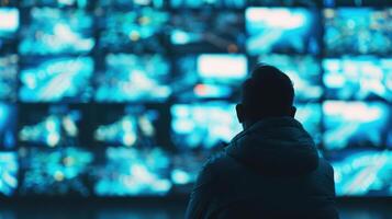 A person sitting in front of a large screen with many different images photo