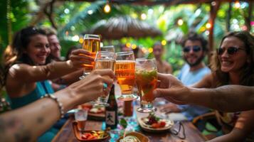 A group of people toasting with drinks at a table photo