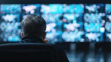 A man sitting in front of a large screen with multiple screens photo