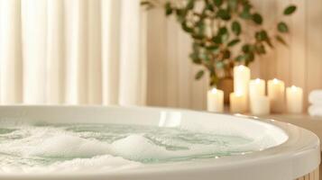 A large tub with white water and candles photo