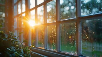 A window with raindrops on it and the sun shining through photo