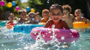 A group of children in a pool with inflatable rings photo