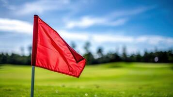 A red flag is on a golf course photo