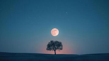 A lone tree in the middle of a field with the moon in the background photo