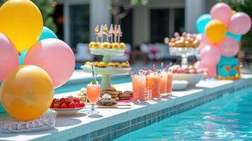 A poolside party with colorful balloons and desserts photo