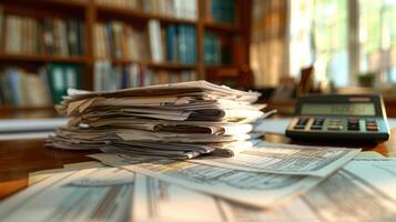 A stack of papers and a calculator on a desk photo