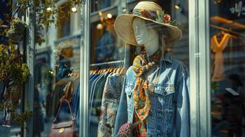 Mannequin wearing a hat and scarf in front of a store window photo