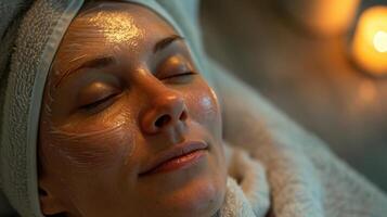 A woman with a towel on her head getting a facial photo