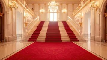A red carpet is in the middle of a room photo