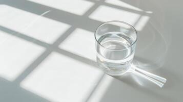 A glass of water on a table with a window photo