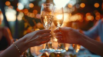 Two people toasting with champagne glasses at a dinner party photo