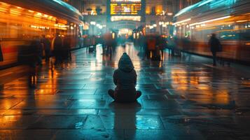 A person sitting on the ground in front of a train station photo