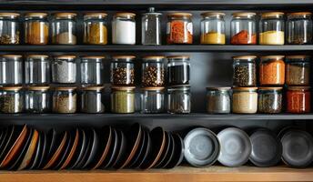 A shelf with many jars and plates on it photo
