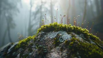 Moss growing on a rock in the forest photo