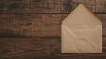 An envelope on a wooden table photo