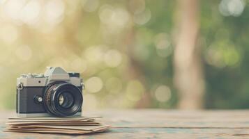 A camera is sitting on top of a stack of books photo