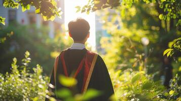 A graduate is standing in the middle of a park photo