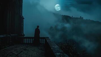 A man standing on a balcony looking at the moon photo