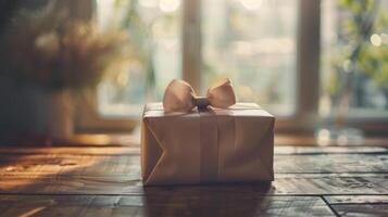 A gift box sitting on a table with a window in the background photo
