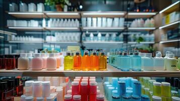 A shelf filled with bottles of different colors photo