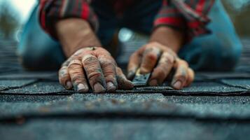 A man is working on a roof with a hammer photo
