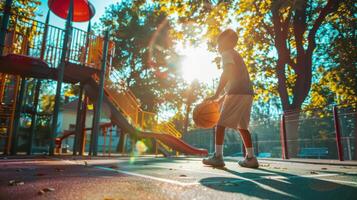 A boy playing basketball on a playground photo