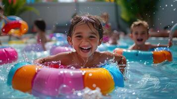 A child is smiling while swimming in a pool photo