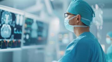 A surgeon in a hospital looking at a computer screen photo