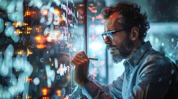 A man in glasses is looking at a computer screen photo