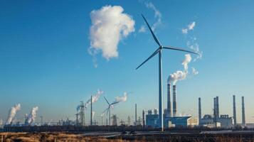 Wind turbines in the background of a factory photo