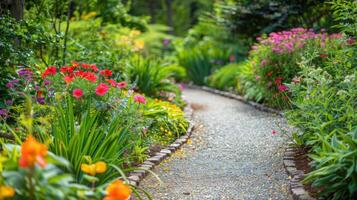 A garden path with colorful flowers and trees photo