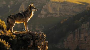 A lone wolf stands on a cliff overlooking a valley photo