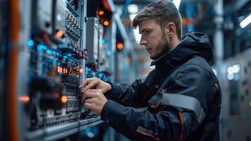 A man in a black jacket working on a computer photo