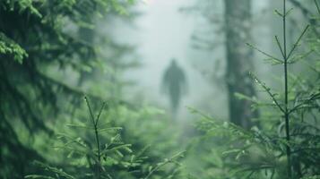 A person walking through a forest with a foggy background photo