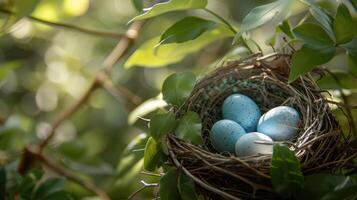 Three blue eggs in a nest on a tree branch photo