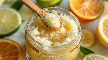 A jar filled with sugar and lemon slices photo