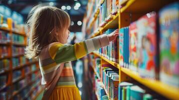 A little girl is looking at books in a library photo