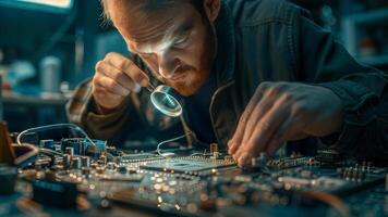 A man is looking at a circuit board with a magnifying glass photo