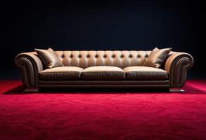 A Luxurious Leather Sofa with Pillows on a Red Carpet photo
