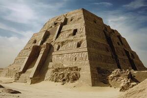 Ancient Stone Pyramid with Carvings and Steps in Desert Landscape photo